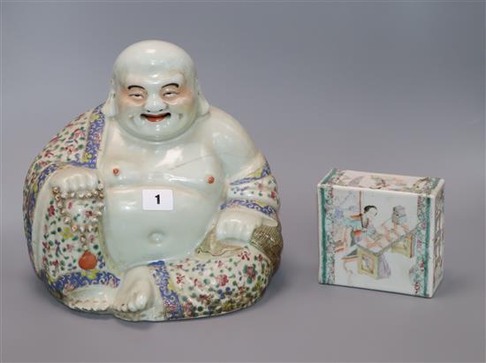 A Chinese famille rose figure of Budai and a Chinese pillow Budai 26cm